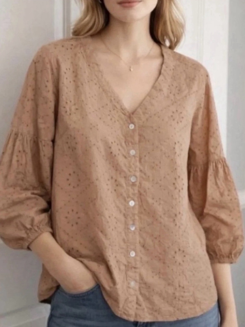 J. Jill Eyelet Button-Front Blouse Gingersnap Casual Work